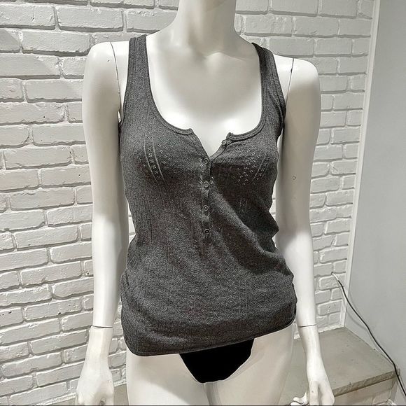 ZADIG & VOLTAIRE “DONELLI” GRAY TEXTURED CLOVER PATTERN HENLEY PIQUÉ TANK TOP - Picture 5 of 16